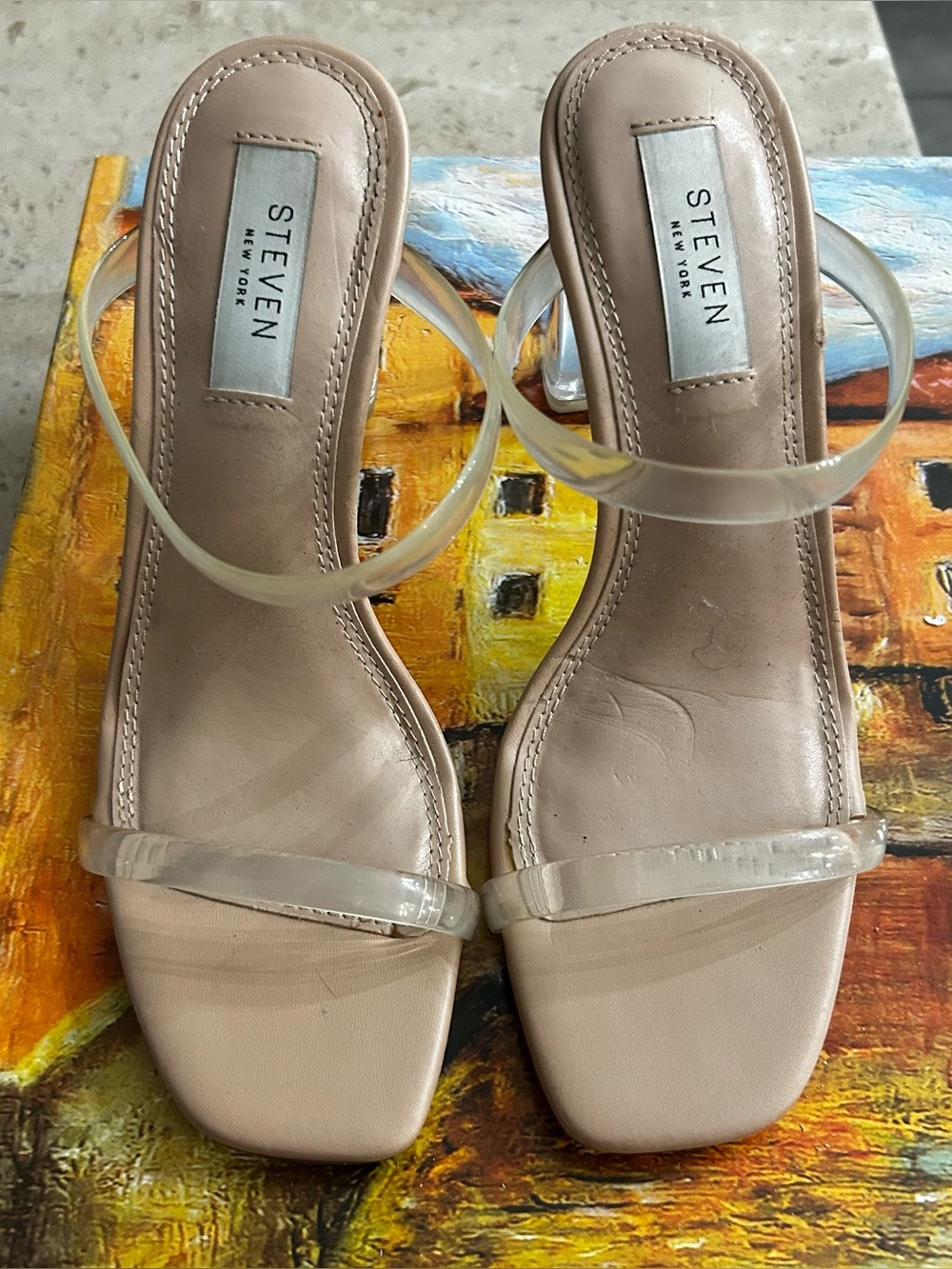 Steve Madden Nude Clear-Strap Block Heel Sandals Size 7